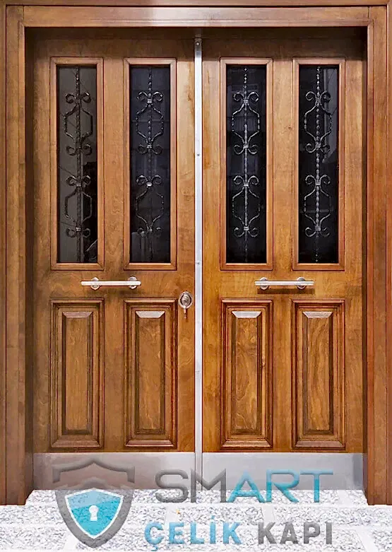 Ferforje detaylı apartman kapısı camlı bina kapısı şifreli apartman giriş kapısı