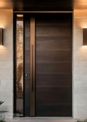 Asimetrik cam panelli, koyu renkli ahşap kaplama ve uzun metal koluyla modern girişlere özel şık tasarım – AVK-M04